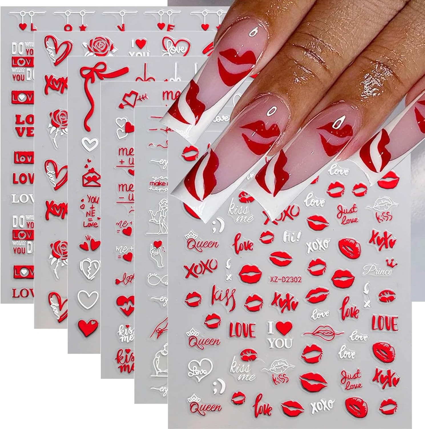 6 Sheets Valentine’S Day Nail Stickers, 3D Red & White Heart Nail Art Decals, Gl