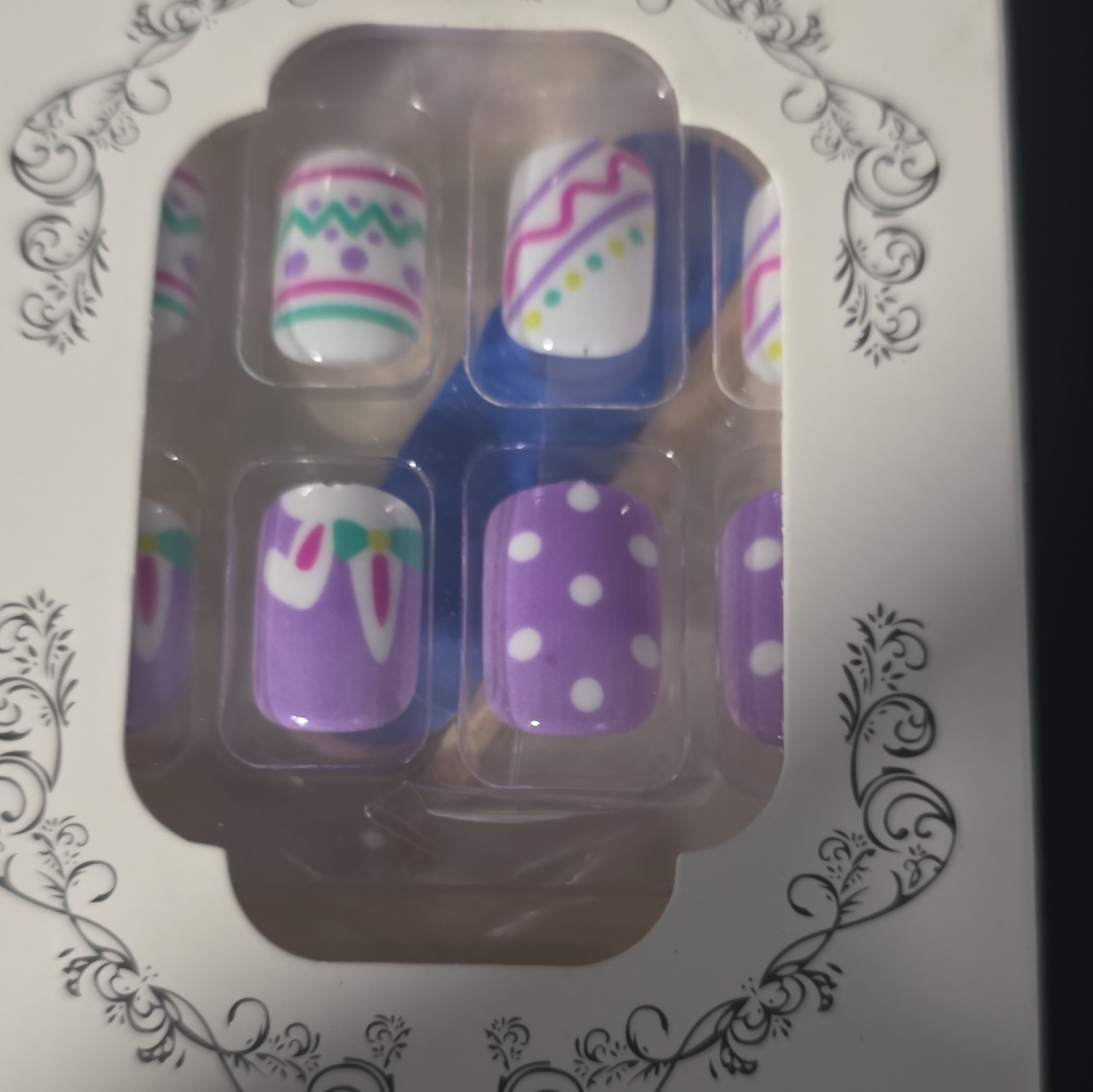 Press-On Nails Short Square Purple/White/Pink/Green/Yellow Easter 3D Full Cover