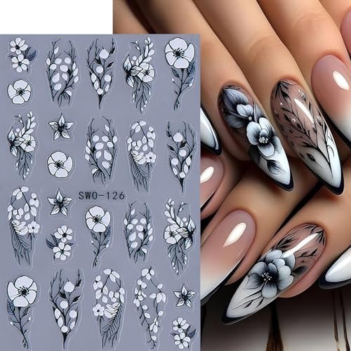 Lace Flower Nail Art Stickers 6 Sheets Black White Floral Black White Flower