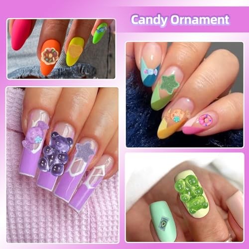 3D Candy Nail Charms for Acrylic Nails, Multi Color Lollipop Donuts Bears