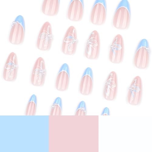 Nude Press on Nails Medium Almond Blue French Tips Fake Nails Press ons Styl 6