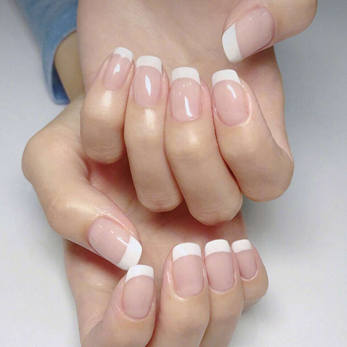 24pcs Short Square White French Style Fake Nail False Nails Press On Nails Glue