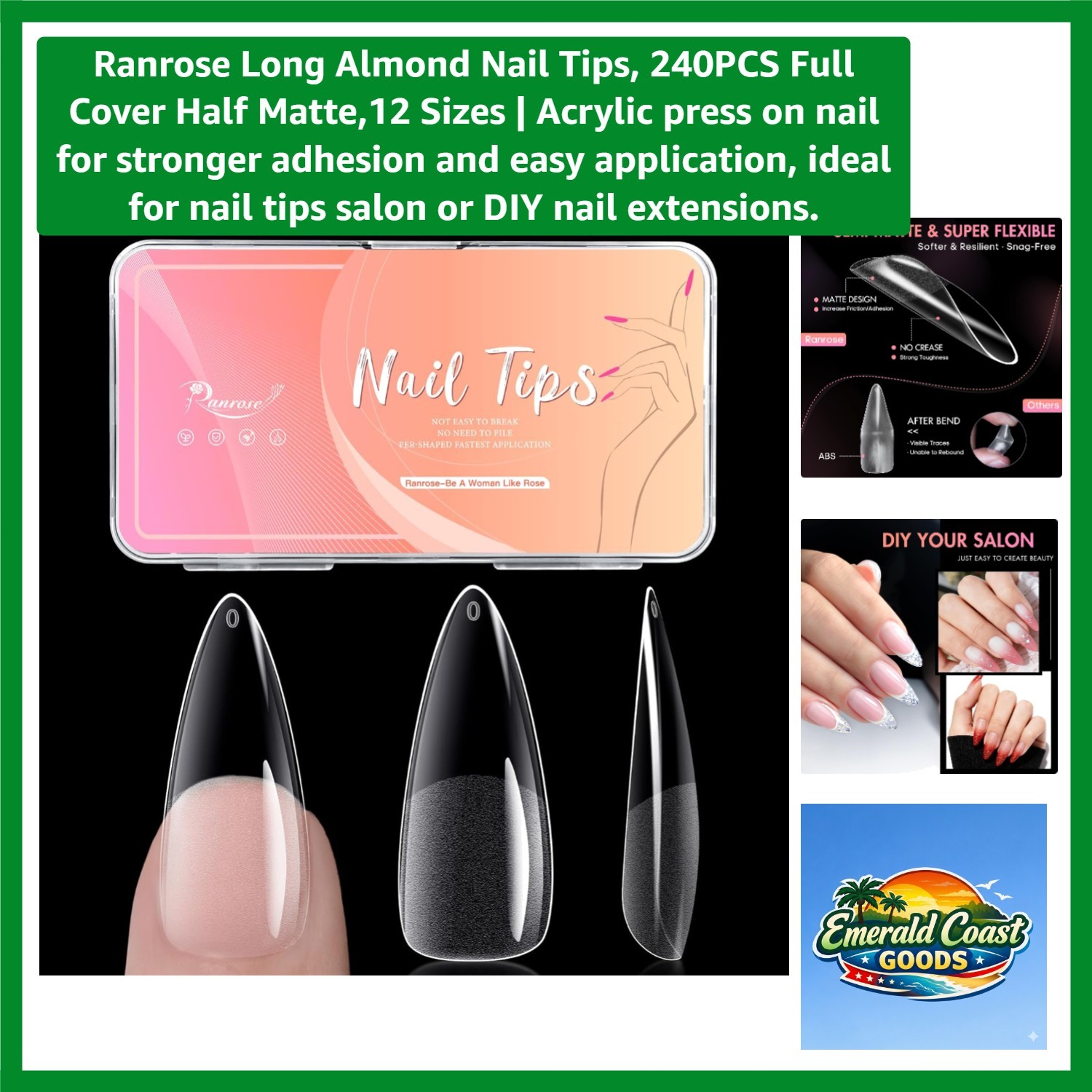 Long Almond Nail Tips, 240PCS Full Cover Half Matte,12 Sizes | Acrylic press …