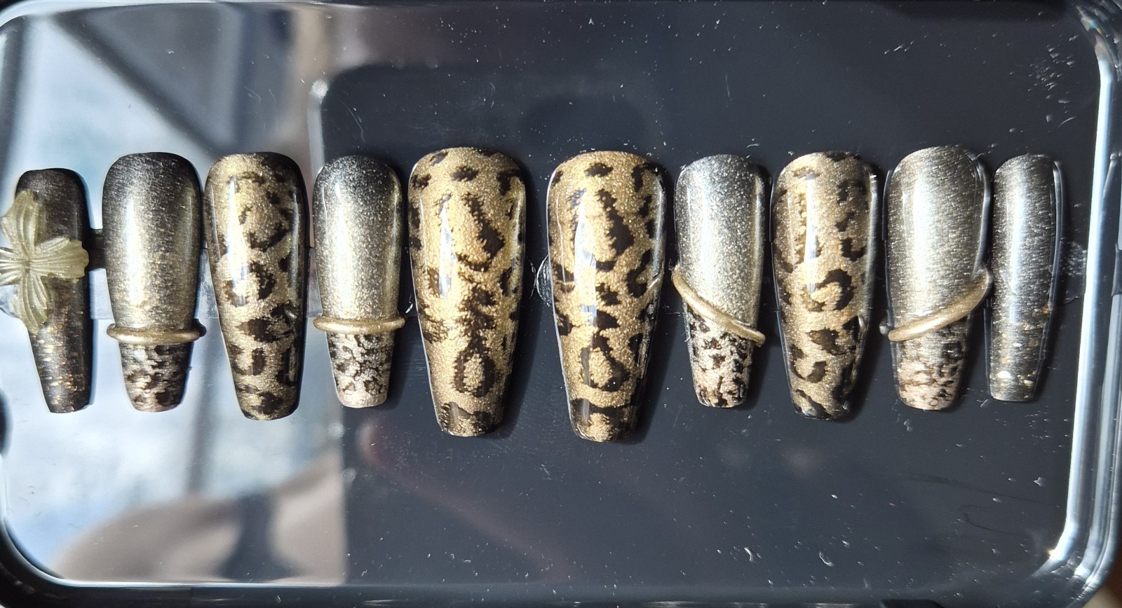 Gold Black Glitter Leopard Coffin Press-On Nails Pre-Designed Full Cover
