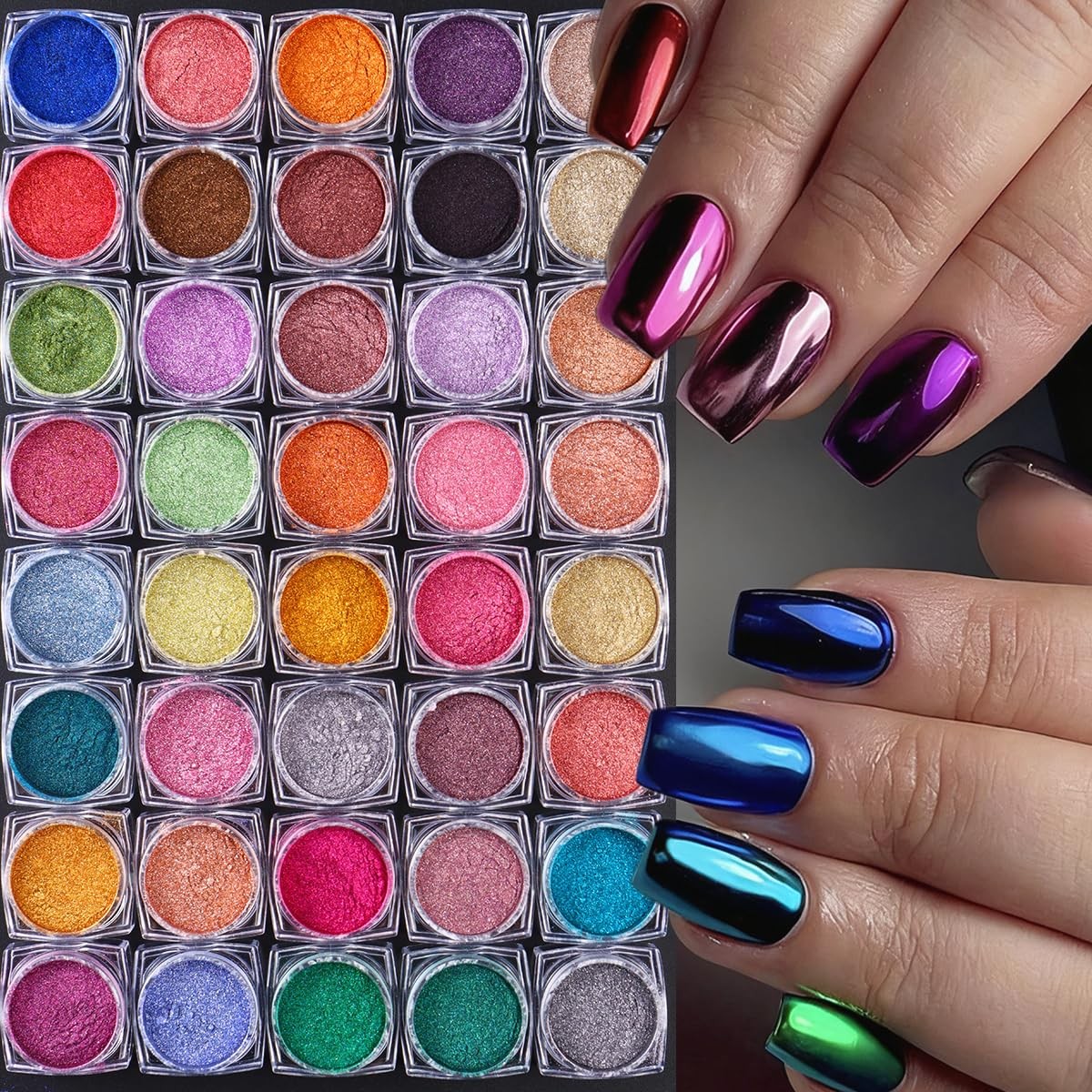 40 Colors Metallic Mirror Chrome Nail Powder Set, Professional Metallic Mirro…