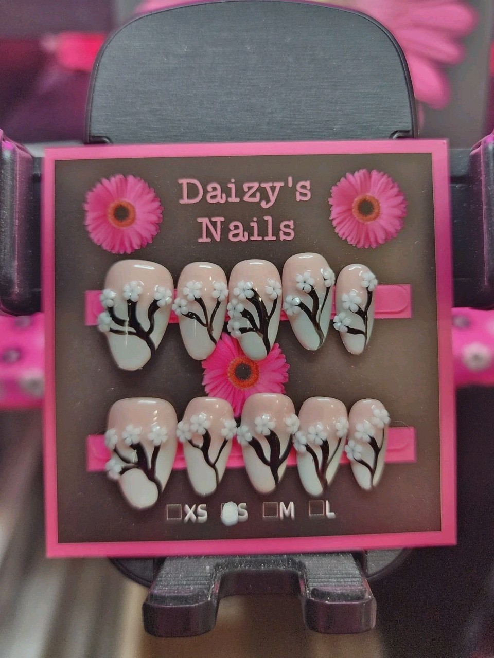 Small Size Grey Cherry Blossom Press-on Nail Set Handmade Almond 2.0 Cm Length