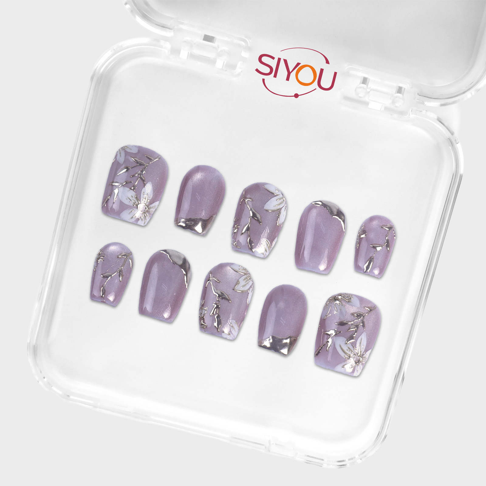 SIYOU Silver Wisteria Short Square 3D Press-On Nails 10pc