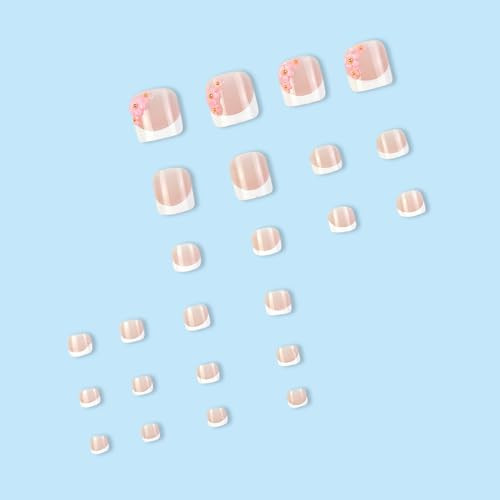 Pink Flower Press on Toenails White French Tips Fake Toe Nails Short Nude