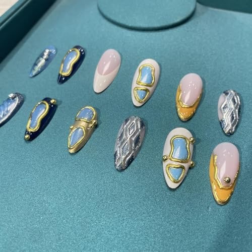 Almond Press On Nails Gold 3d Gold Glitter Ombre Design ​Date Night Nails Blue1