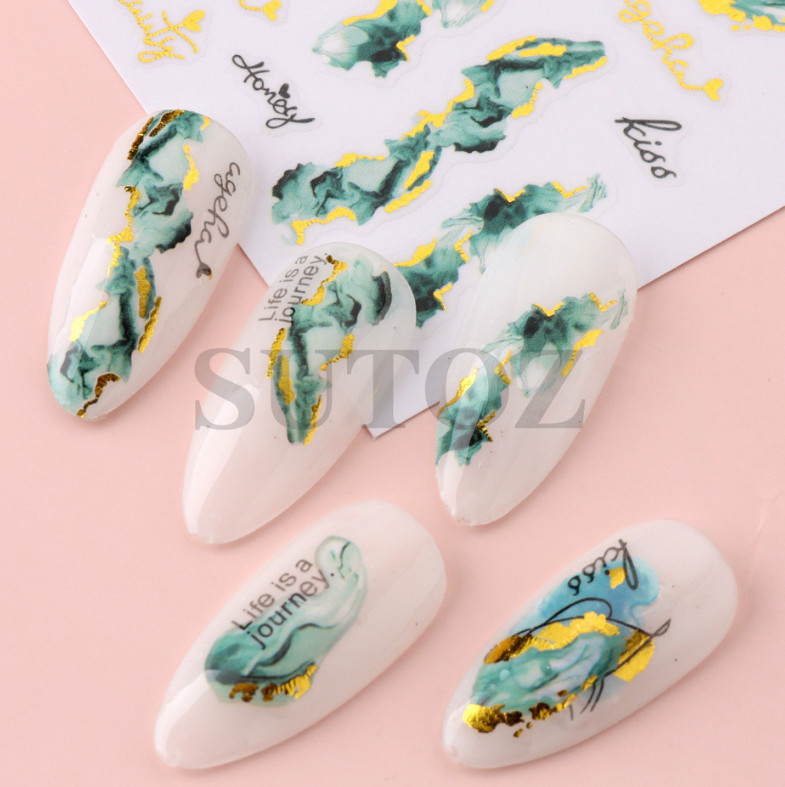 Gold Edge 3D Self Adhesive Nail Art French Lines Marbles Hearts Eyes Design NS43