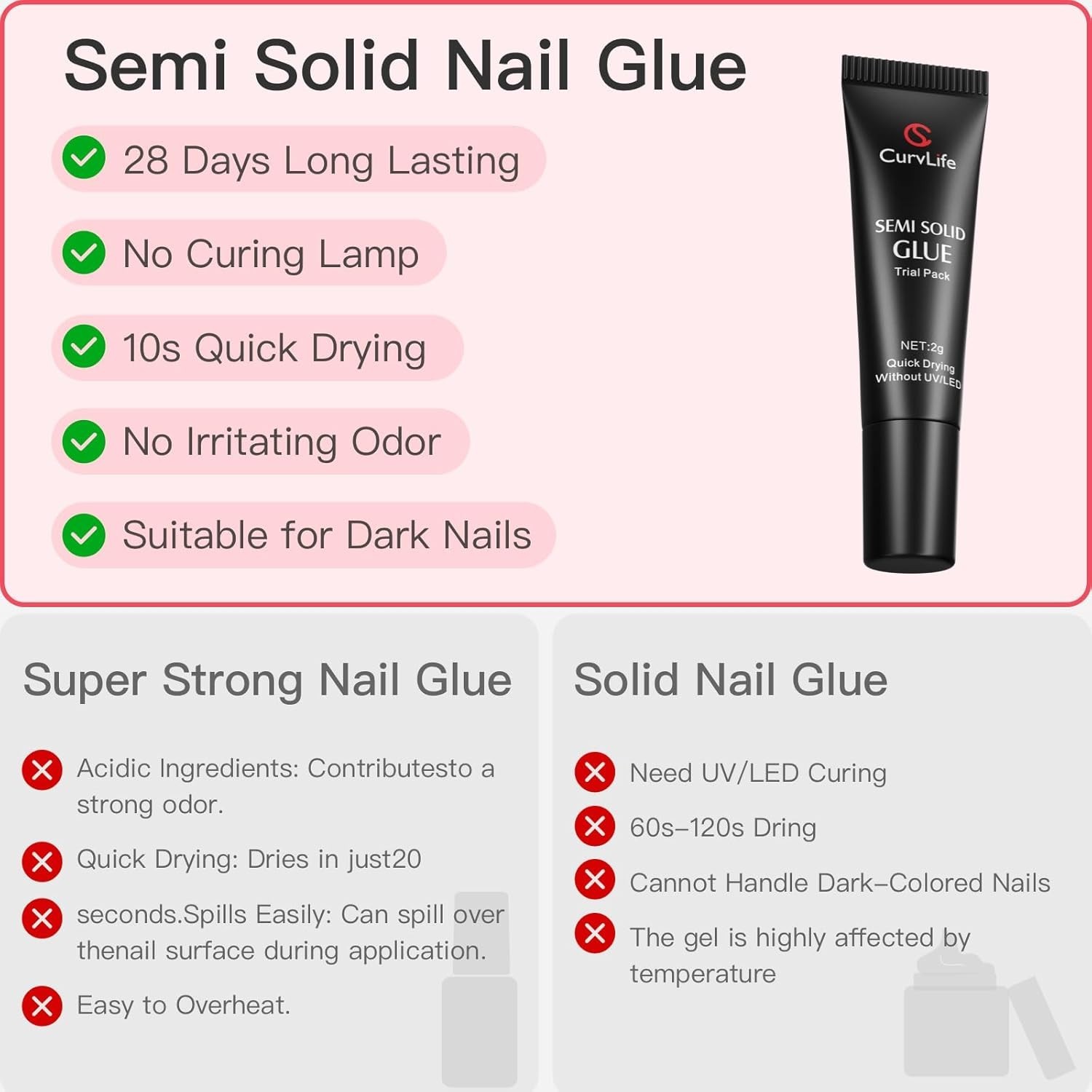 CurvLife Nail Tips Semi Solid Nail Glue 2g (5pcs) – Super Strong, Soft Glue Gel