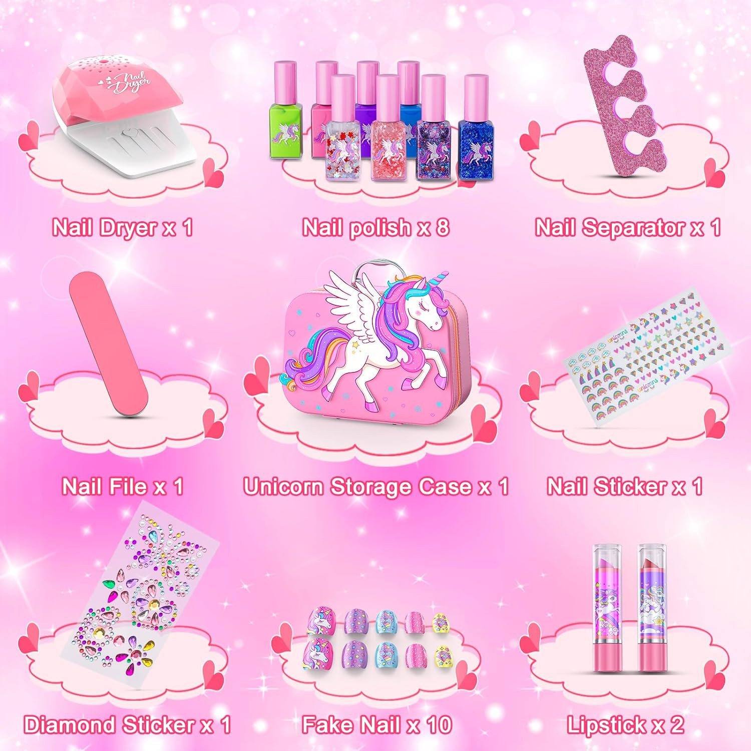 Kids Nail Polish Set Girls Washable Peel Off Non-Toxic Nail Art Kit Dryer Gift