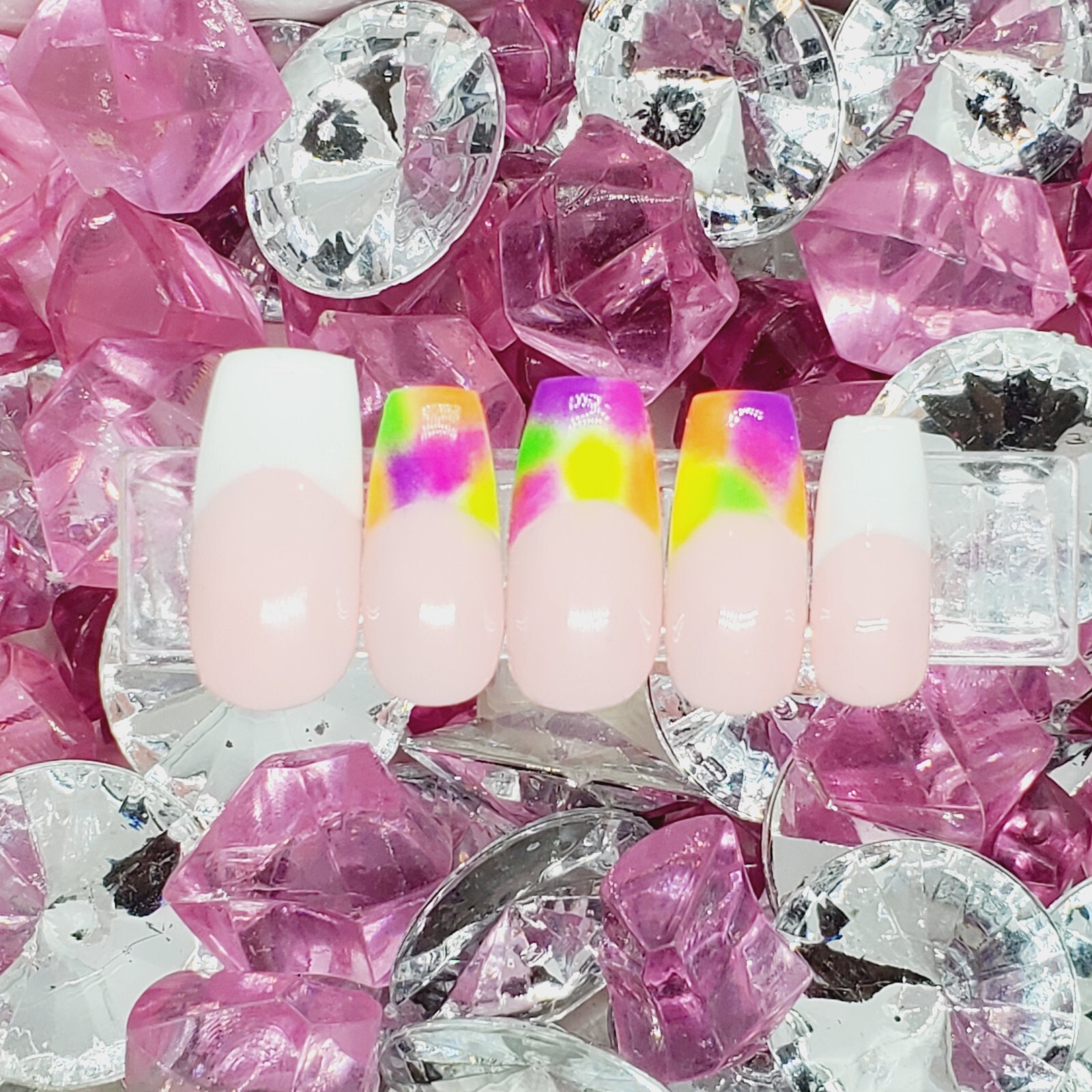 Neon Tie Dye French Tip Short Square Nail Set Press On Nails Handmade Hard Gel