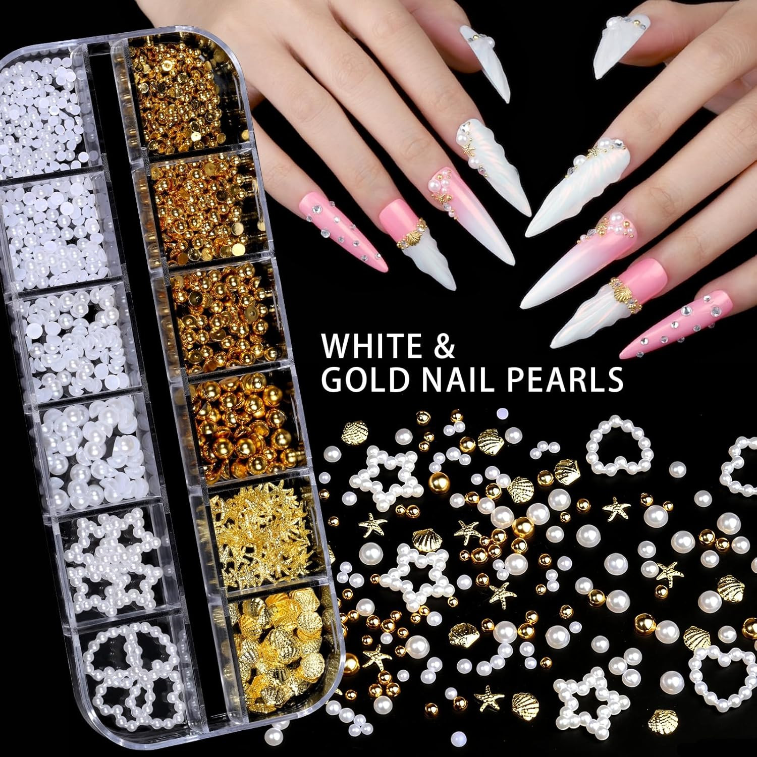 Nail Art Charms and Gems Set with Rhinestones, Brushes, Stickers, and Pearls
