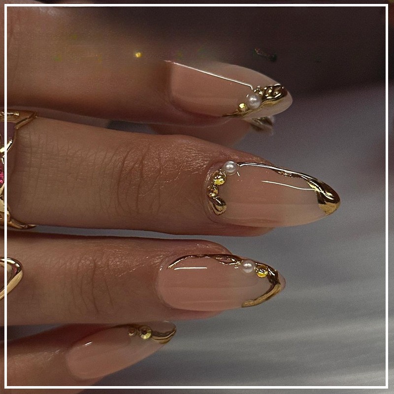 24Pcs Metallic Cat Eye French Press on Nails 3D Almond Medium False Nails
