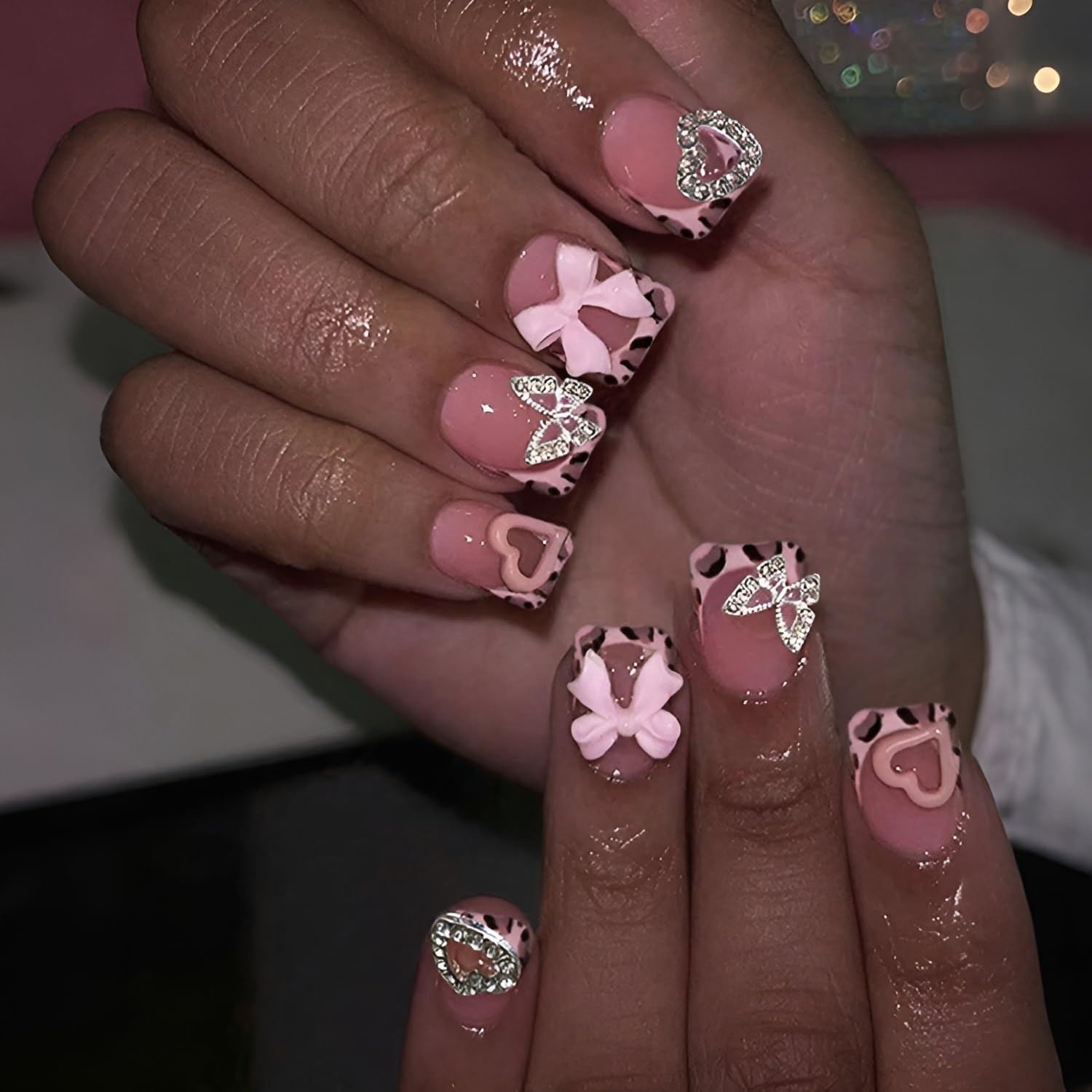 French Tip Press on Nails Short Square Fake Nails Bow Heart Nails Press Ons w…