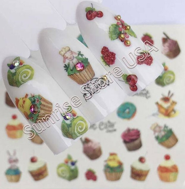 Nail Art Water Transfer Sticker Cake Cupcake Cherry Fruit Flower Decals Manicure