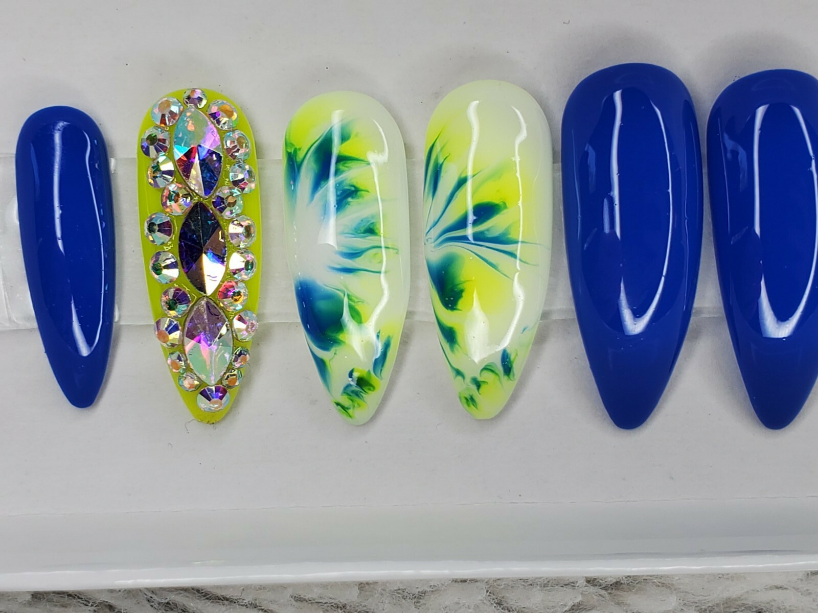 neon yellow white blue tie dye bling press on nails watercolor stiletto crystals