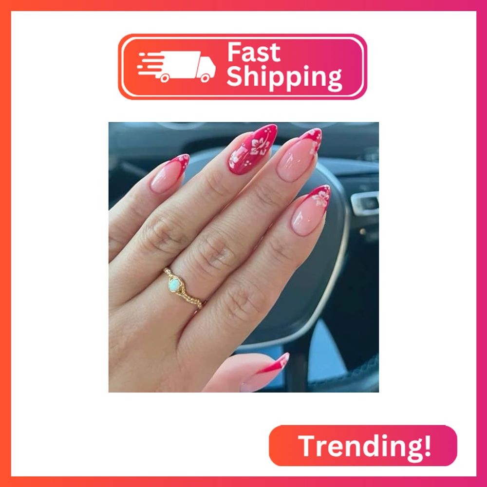 Almond Nails Press on Nails Short Length White Flower False Nail Deep Red French