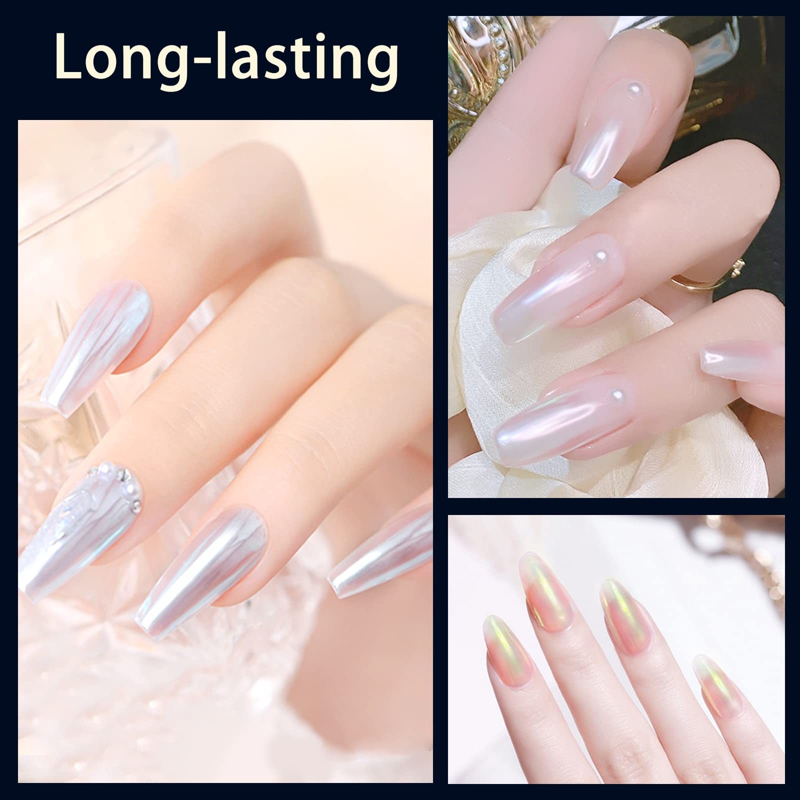 Unicorn Chrome Nail Powder, Aurora Mermaid Iridescent White Pearl Nail Chrome…