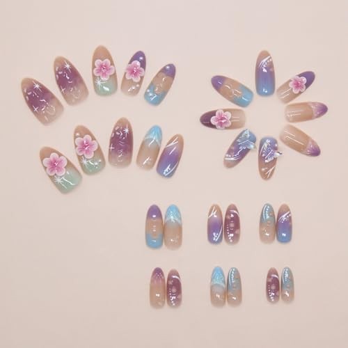 30Pcs Pink Flower Press on Nails Medium Almond Spring Summer Flower Nails-1