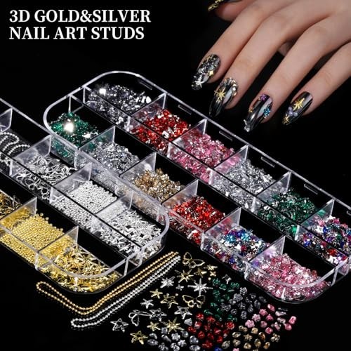 Nail Charms, Nail Rhinestones Kit with 8 Boxes of Nail Gems Multi Shape