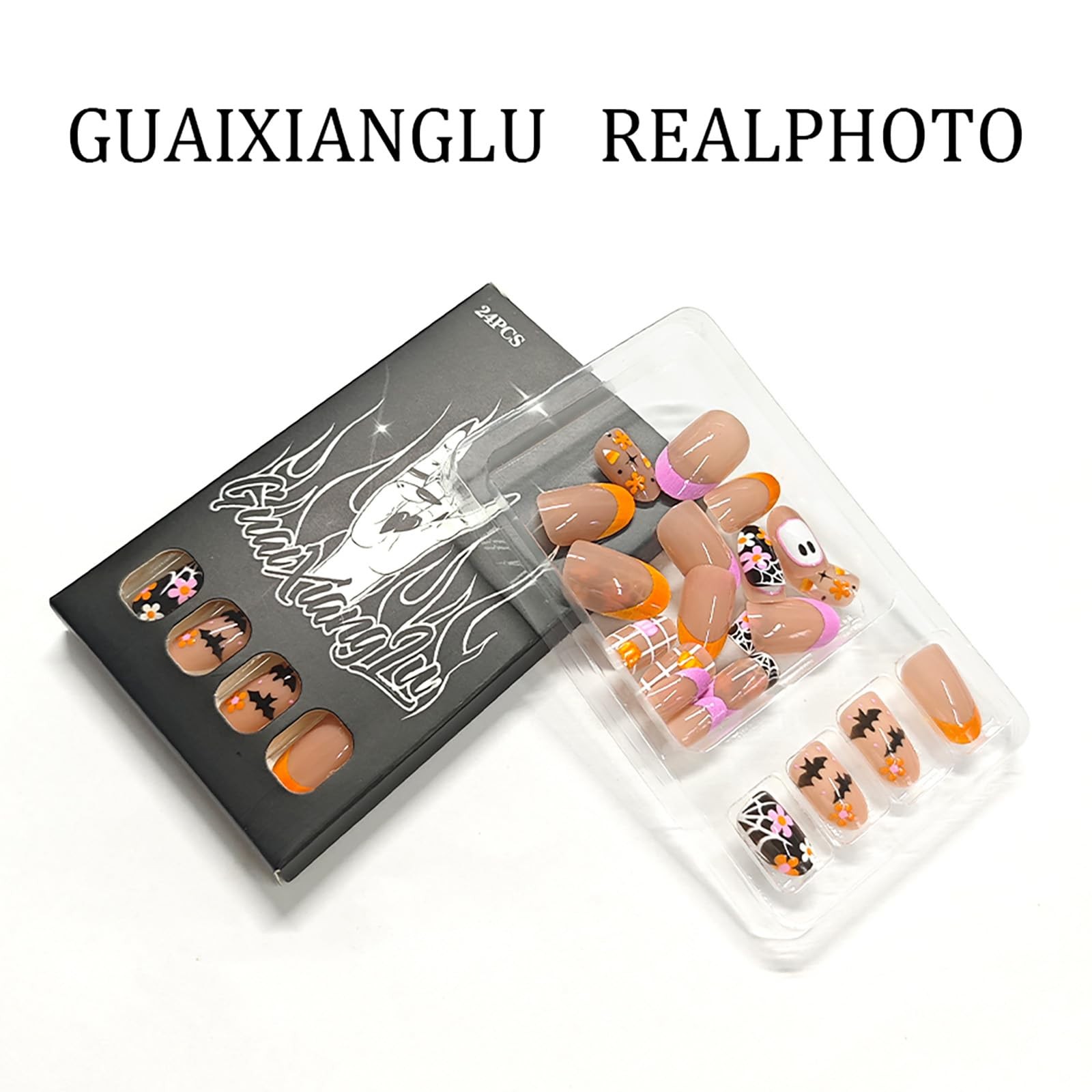 Halloween Press on Nails | Short Oval Fake Nails with Ghost Flower Bat Patter…