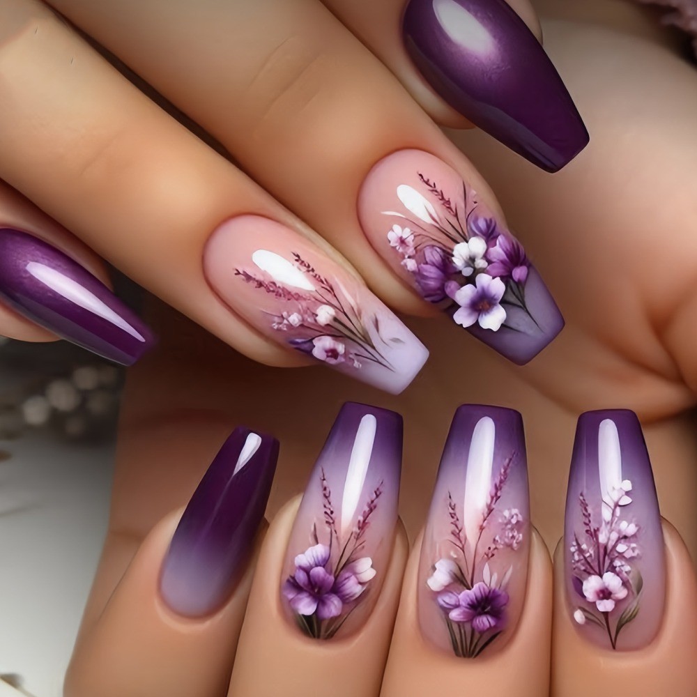 Floral Glossy, Long, Ballet-style, 24pcs Nail Tips, Detachable, Press-on Nails
