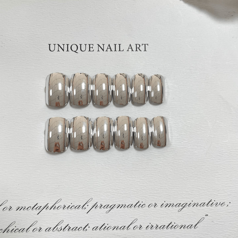 48Pcs-Short Square Silver Mirror Chrome Full Cover Press on Nails