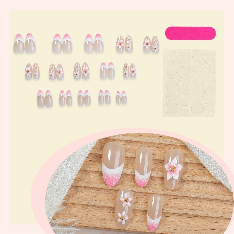 24Pcs-Long Almond Sheer Nude Pink Gradient 3D Cherry Blossom Press on Nails