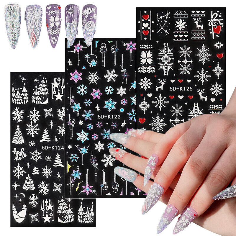 5D Embossed Flower Christmas Tree Snowflake Heart Nail Art Sticker Manicure NH13