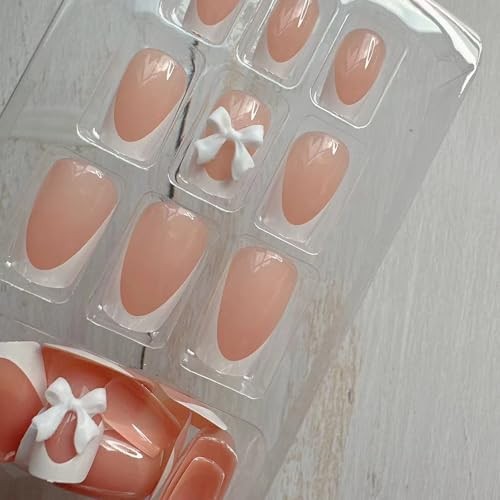 24Pcs Color Press On Nails – Short Square, White French Tip, Full Nude Pink