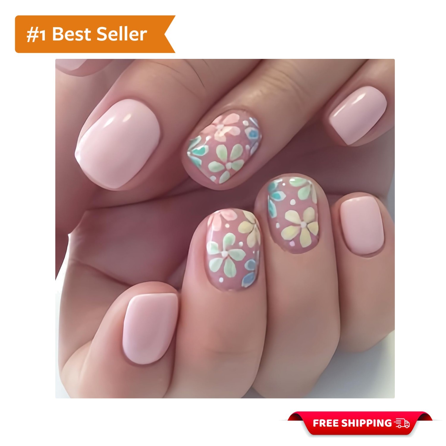 Light Pink Floral Press-On Nails – Full Cover Glossy Art for Women & Girls