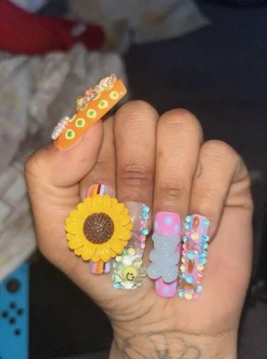 Handmade Long Coffin SunFlower 3D Teddy Bear Press On Nails 10pcs NEW SIZE LARGE