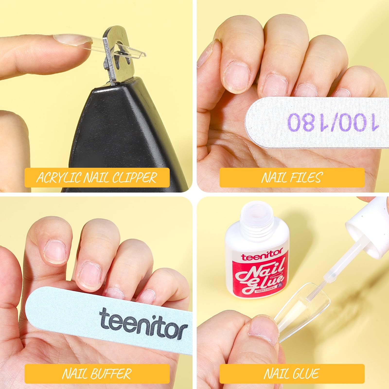 Teenitor Press On Nail Kit – Clear Coffin Tips, Art Brushes, Black