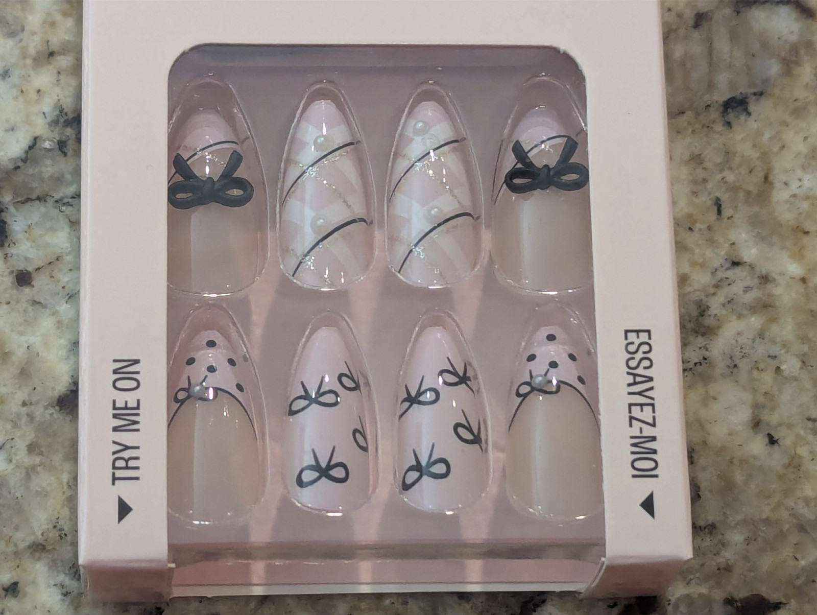 LA Express Beauty False Press On Nails File & Glue Almond 24 ct Pink Black Bows