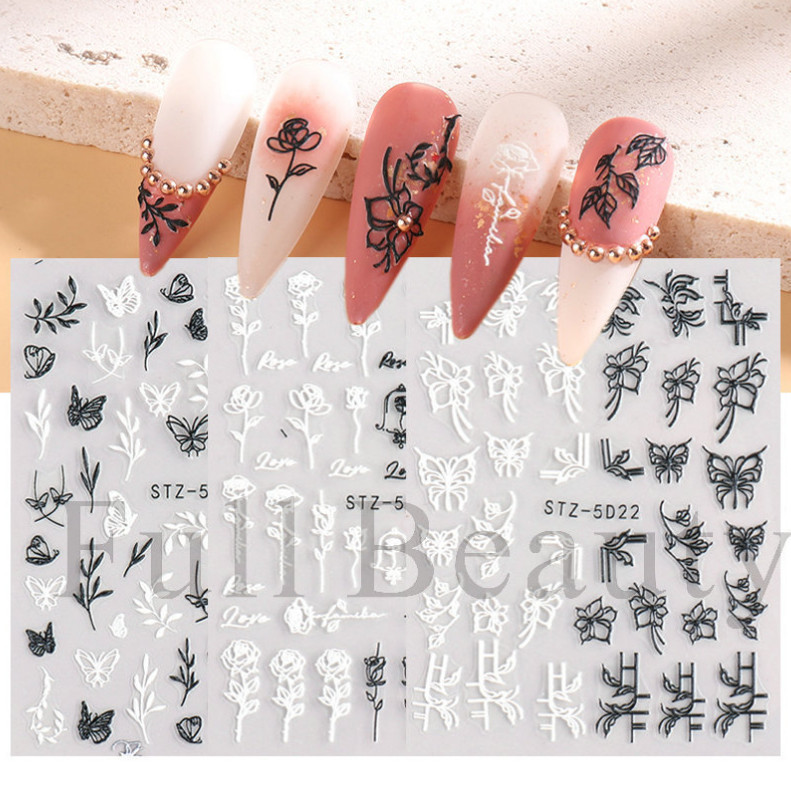 5D Embossed Snowflake Rose Flowers Butterfly Line Nail Stickers Slider DIY Party