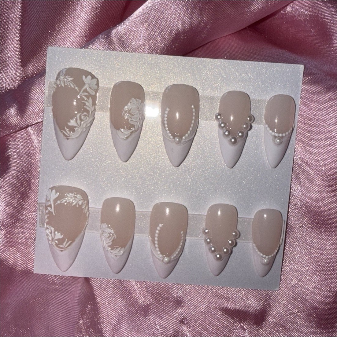Long Almond Full Cover Pre-Designed 3D Press-On Nails Acrylic Beige Pearls