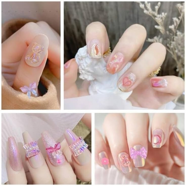 300pcs Nail Art Charms Kit,Over 100pcs Mixshape Resin Nail Gems and 100pcs-pink