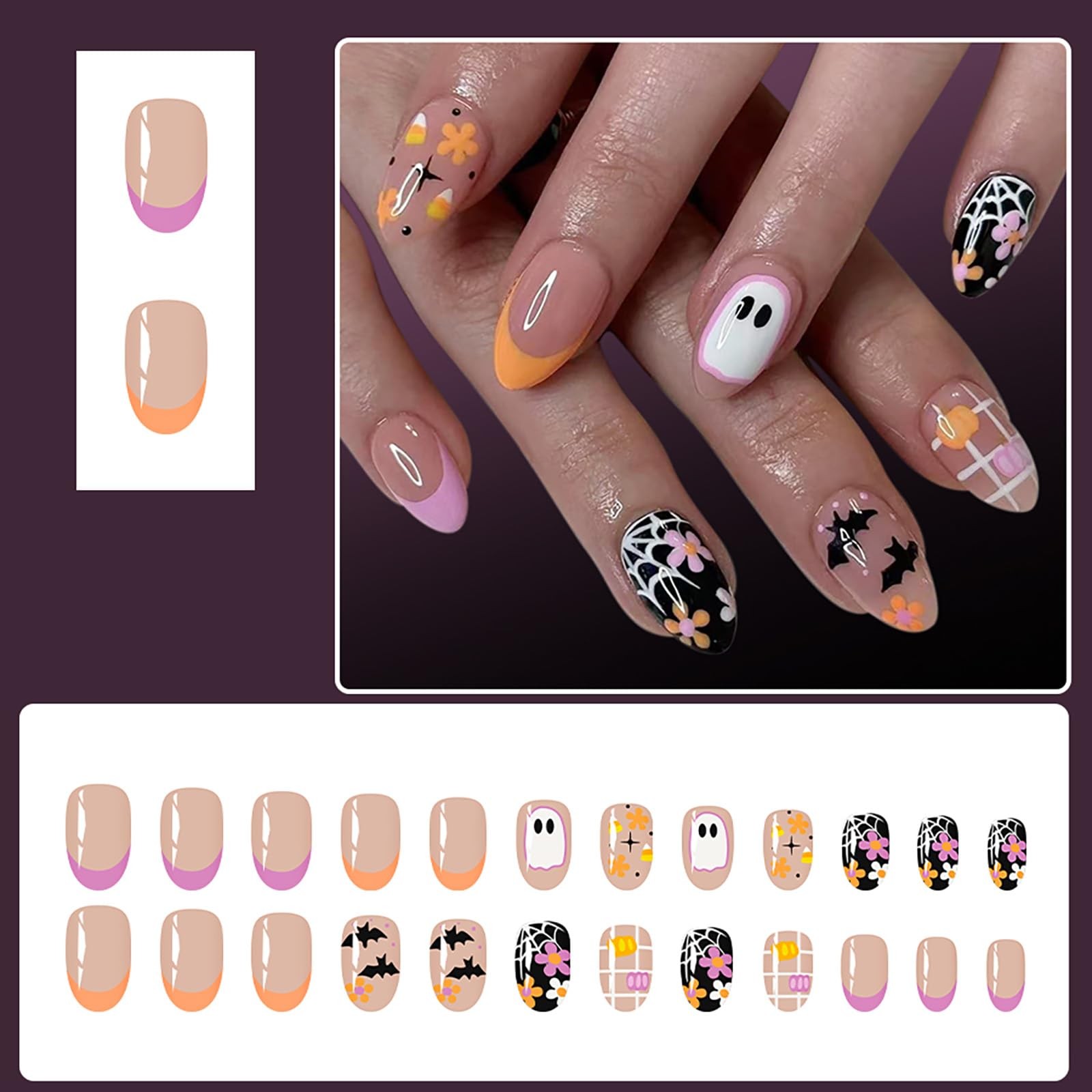Halloween Press on Nails | Short Oval Fake Nails with Ghost Flower Bat Patter…