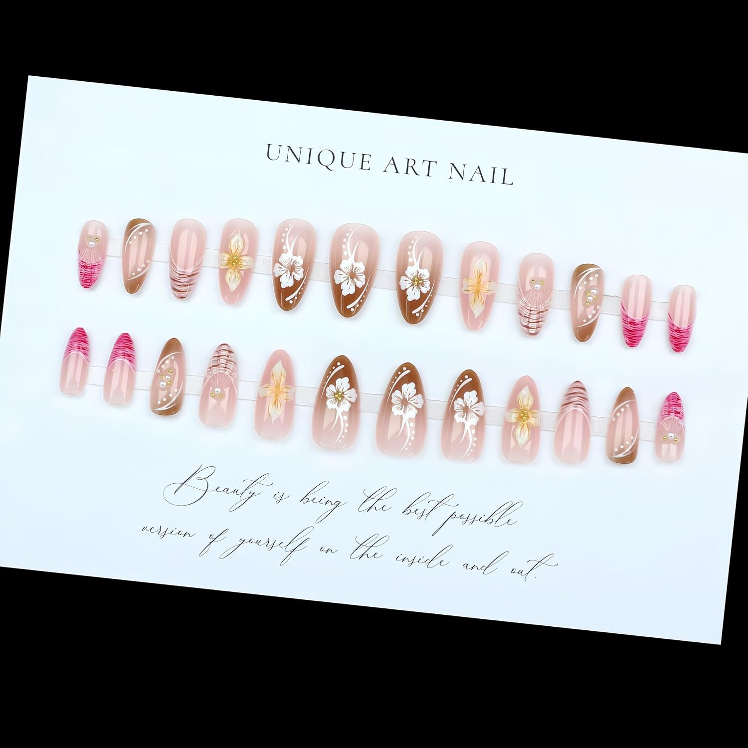 24Pcs Flower Press on Nails Medium Almond Fake Nails with 3D Flower Gold Beads P