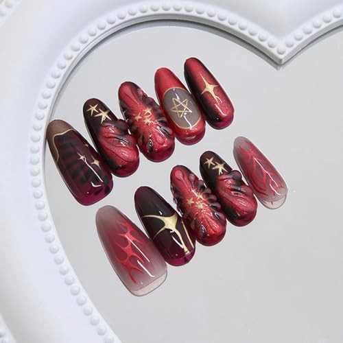 30Pcs Red Press on Nails Charms Medium Almond Fake Nails Stars Wine Red Style 5