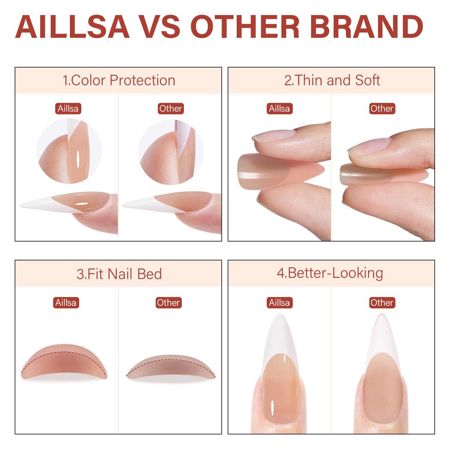 AILLSA French Tip Nails Press on Nails Long Almond 180 Pcs