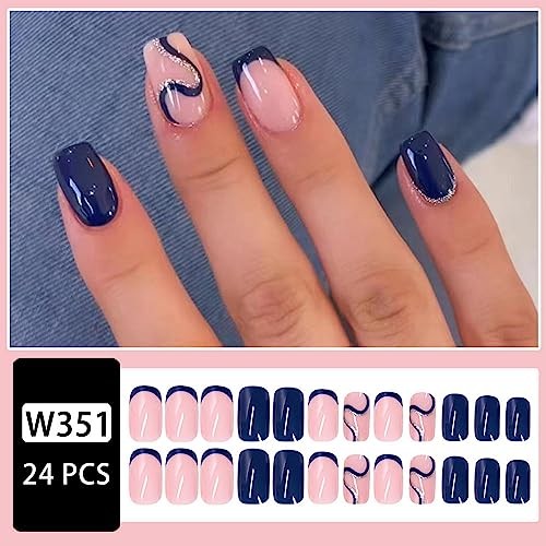 Dark Blue Press On Nails – Short, Glossy False Nails with Shiny 27