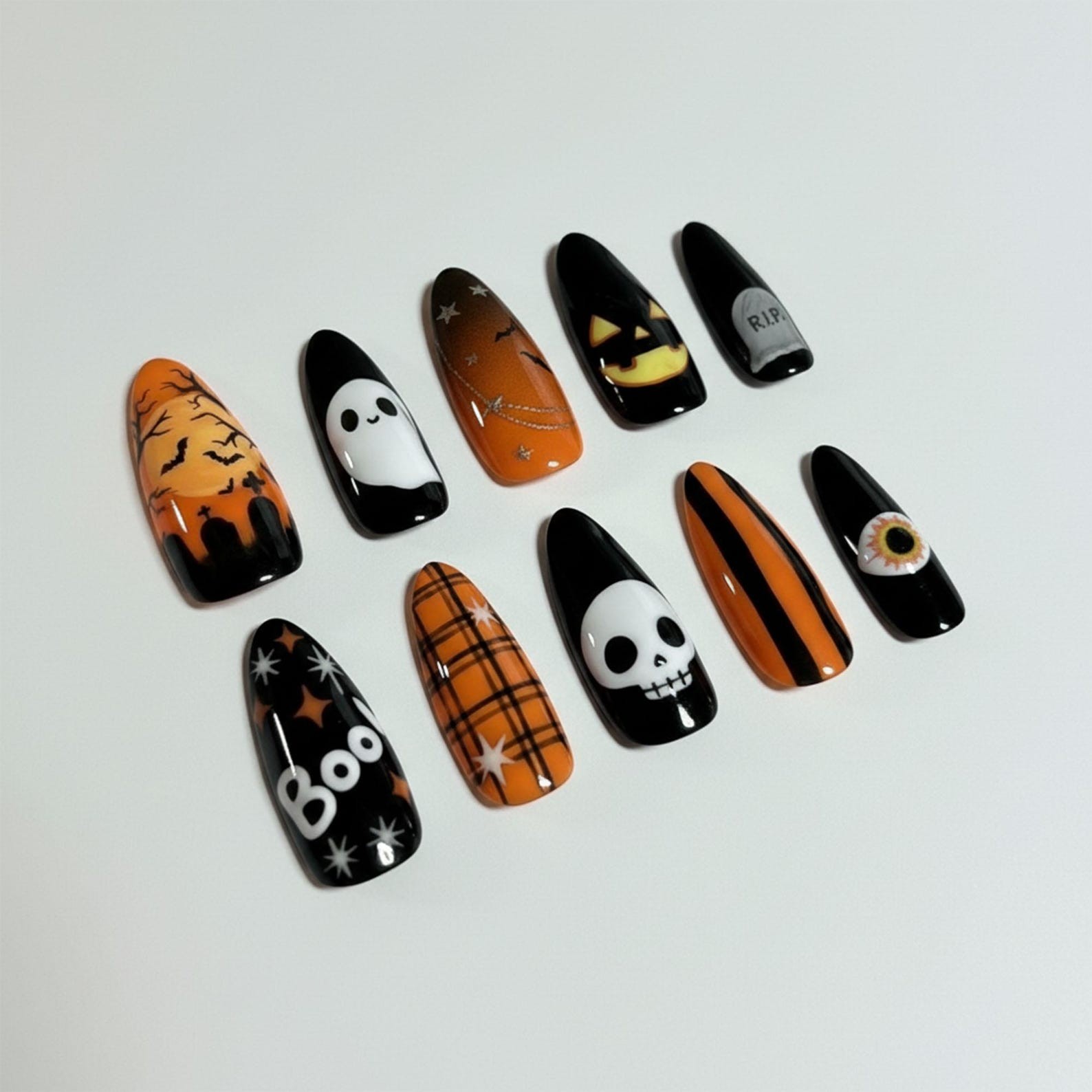 Custom Handmade Halloween Ghost Pumpkin Skull Eyeball Almond Press on Nail