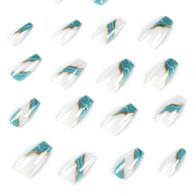 48Pcs-Long Coffin Milky White Base Teal Marble Gold Foil Line Press on Nails