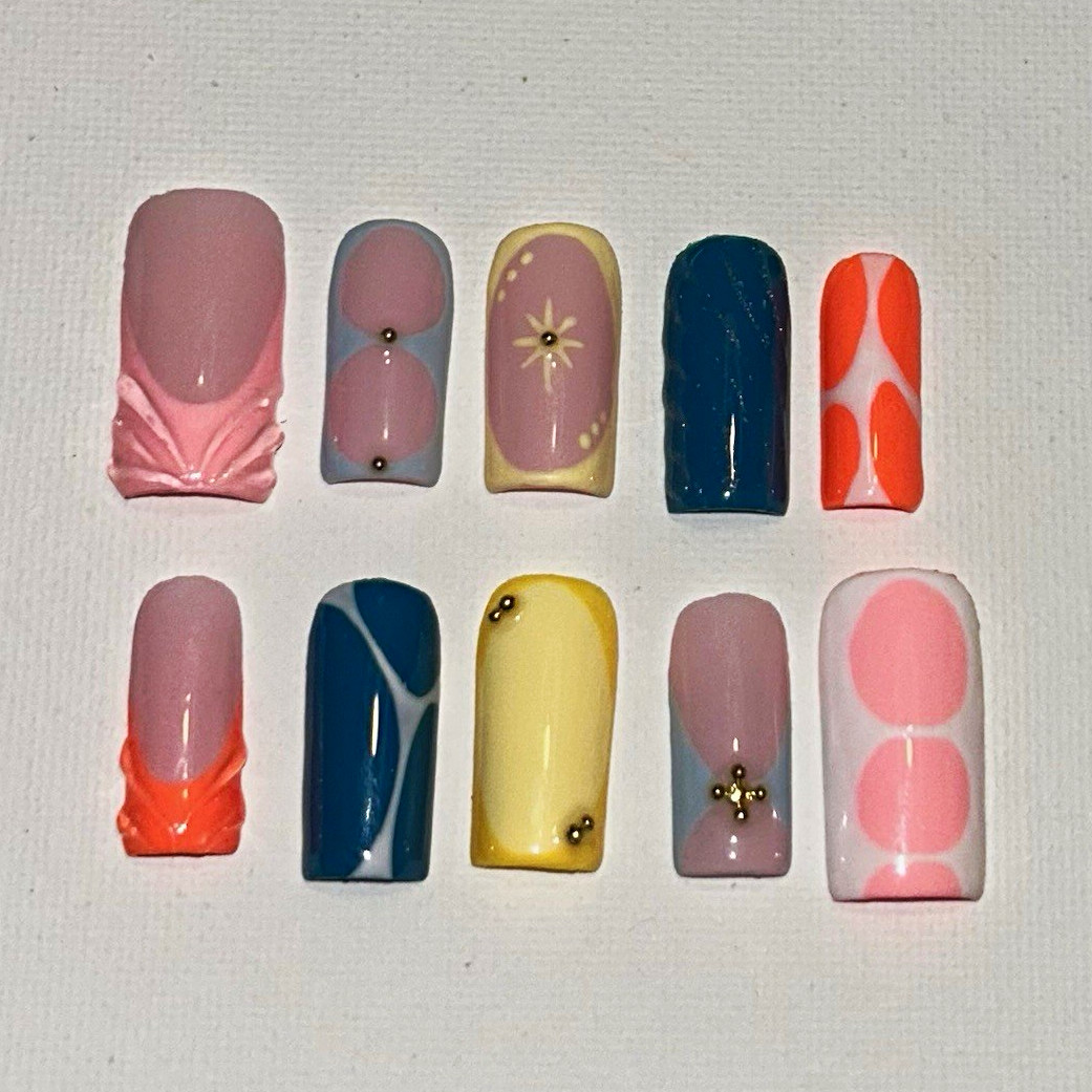 Handmade Long Square Press-On Nails Abstract Multicolor Pre-Designed
