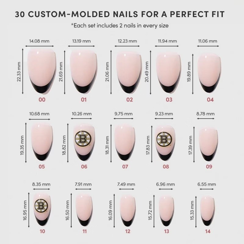 Boston Bruins Press-On Nails: Gloss Finish, Almond Shape, 30 Pieces