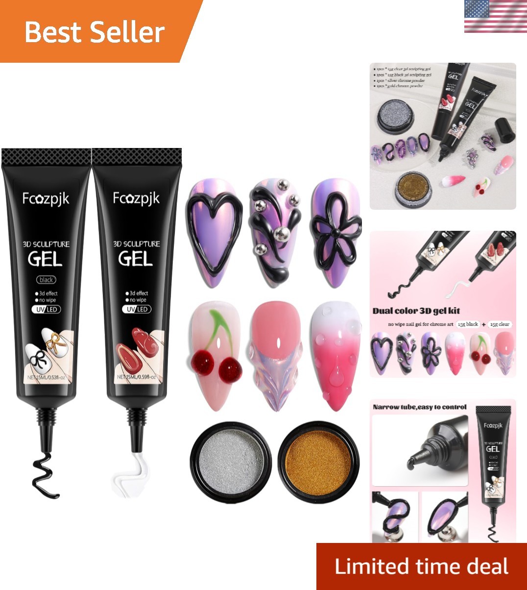 Elegant 3D Nail Art Set – No Wipe Black & Clear Gels with Elegant Chrome Finish