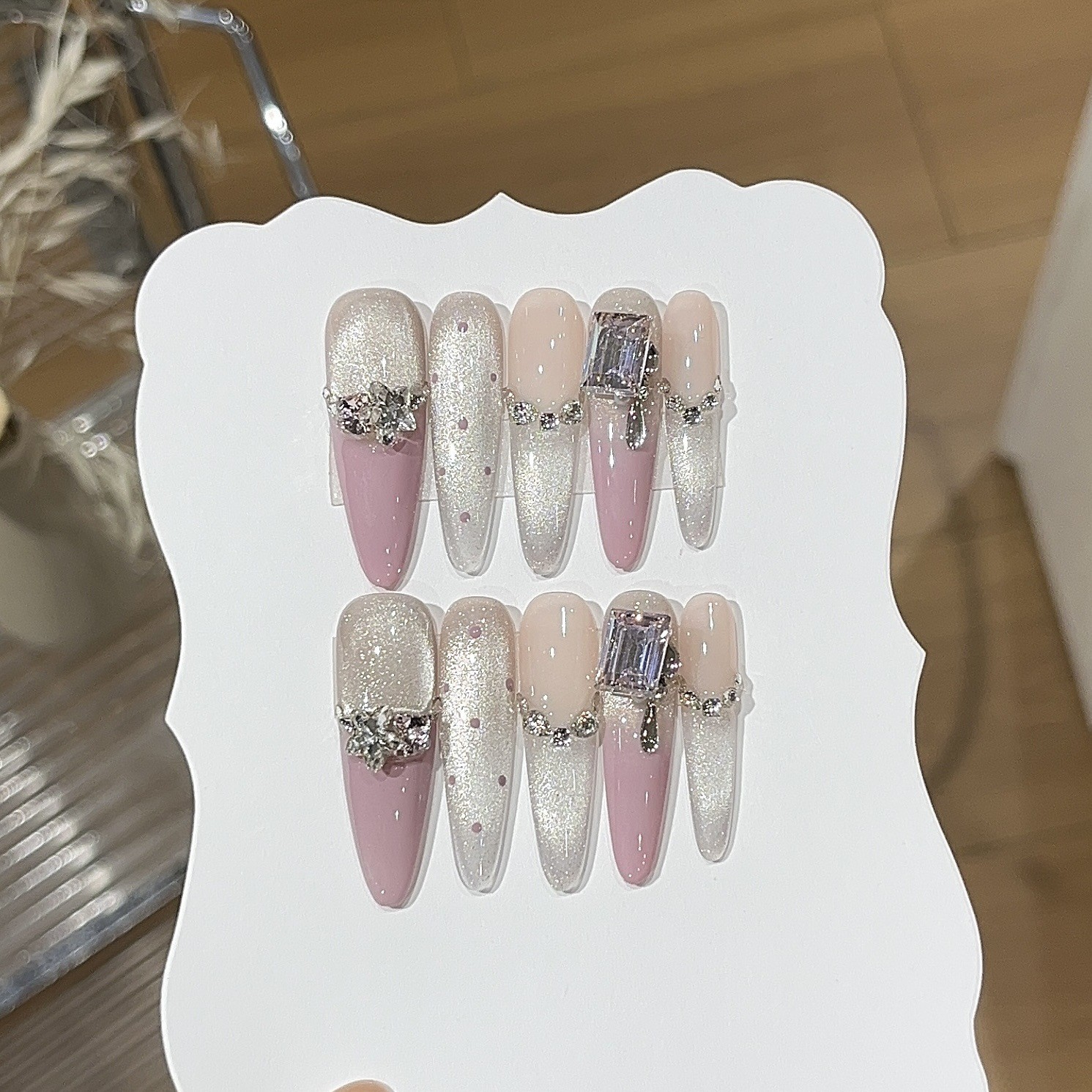 10Pcs Handmade Purple French Cat Eye Oval Nails K9 Rhinestone Summer Party